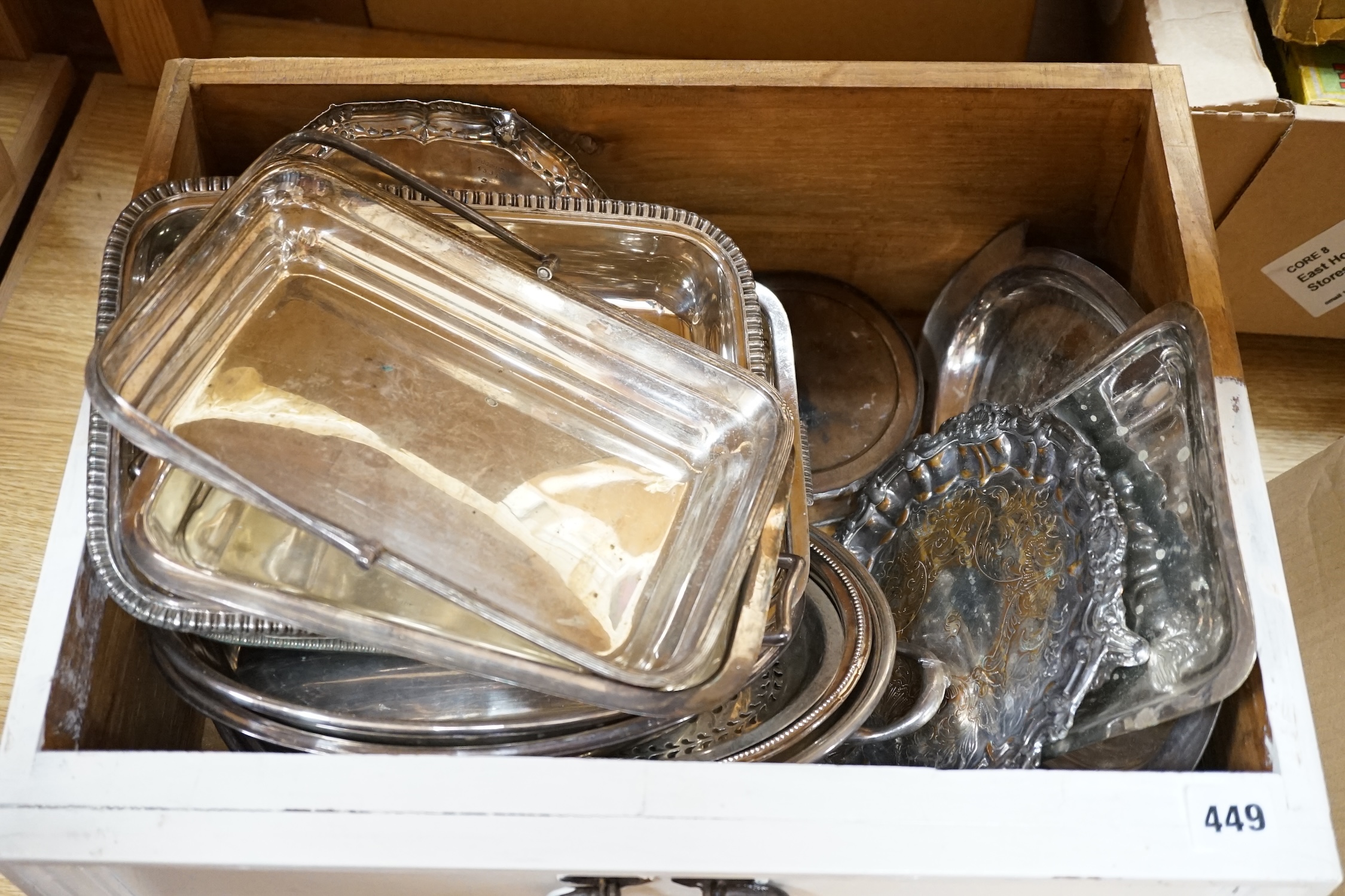 A quantity of silver plate to include cutlery, dishes, a wine coaster, etc. Condition - varies, poor to fair